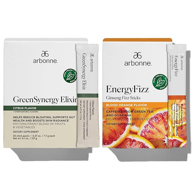 Daily Gut &amp Energy Bundle – GreenSynergy Elixir Citrus Flavored Greens Powder + EnergyFizz Ginseng Fizz Sticks Blood Orange – Gut Health Skin Support &amp Energy Supplements – Vegan &amp Gluten