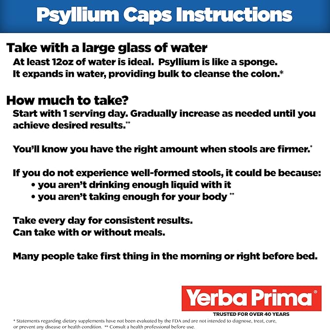 Yerba Prima Psyllium Husks Veg Caps 400 Capsules (625mg) - Vegan Non-GMO Gluten Free Colon Cleanser Daily Fiber Supplement for Gut Health &amp Regularity