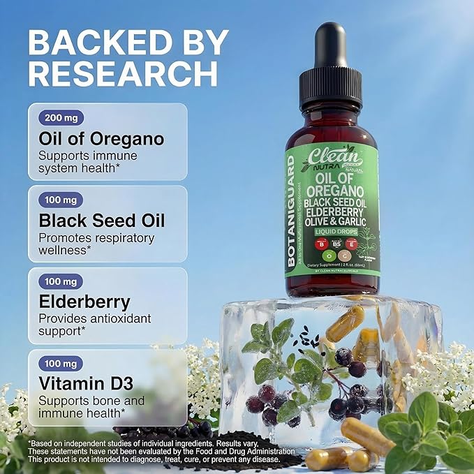 Clean Nutra Oil of Oregano Drops Black Seed Oil Elderberry Vitamin D D3 K2 Olive Garlic Immune Support Supplement Wellness Formula Zinc Supplements Liquid 2 Fl Oz BotaniGuard Vegan Non-GMO