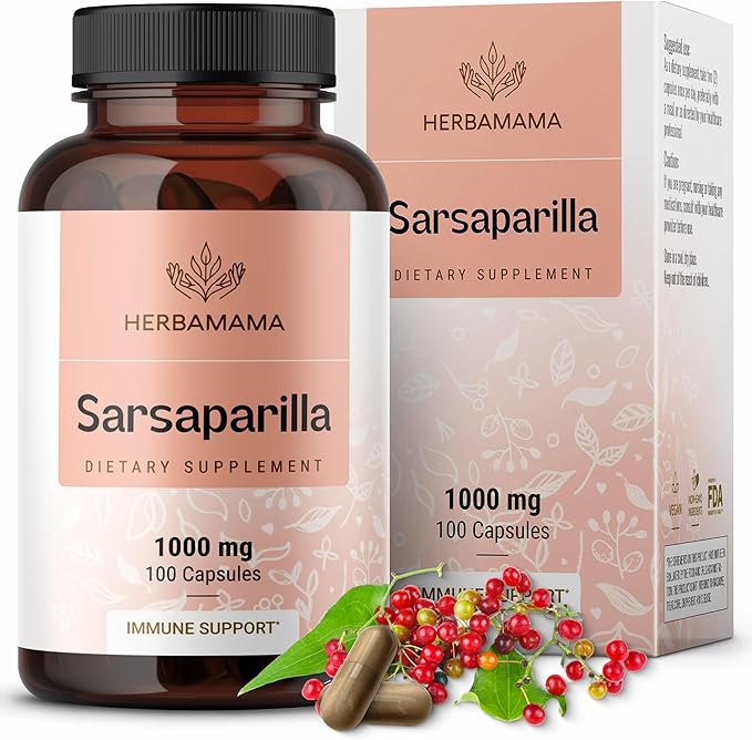 HERBAMAMA Sarsaparilla Root Capsules - 1000mg Sarsaparilla Powder for Herbal Liver Cleanse Support - Vegan Non-GMO Smilax Liver Supplement