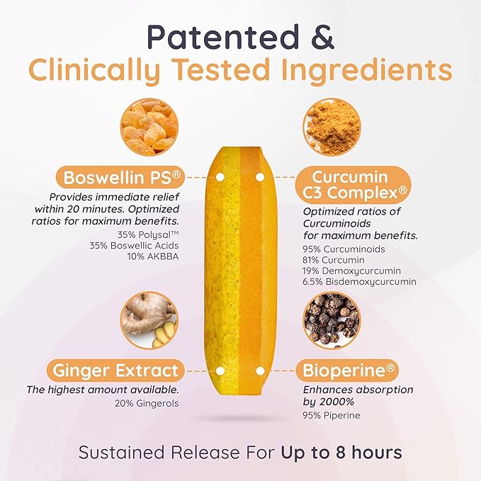 Joint Immune Support Supplement Patented Blend Turmeric Curcumin C3 Complex with Black Pepper Boswellia PS Extract &amp Ginger Fast-Acting 20 minutes 8-Hour Sustained Release 120 Caplets - Sanje