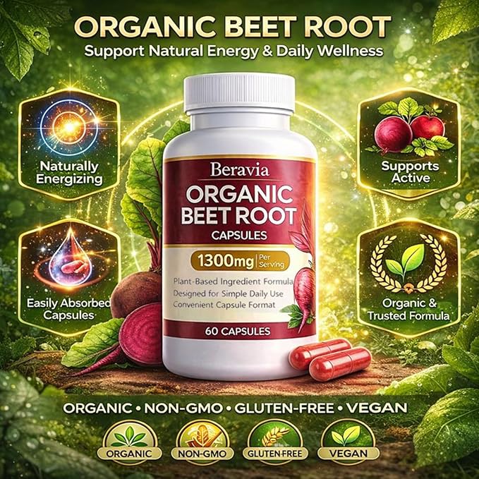 Organic Beet Root Capsules – 1300 mg Beetroot per Serving Supports Circulation &amp Daily Energy for Active Lifestyles Plant-Based Antioxidant Formula 60 Capsules (1)