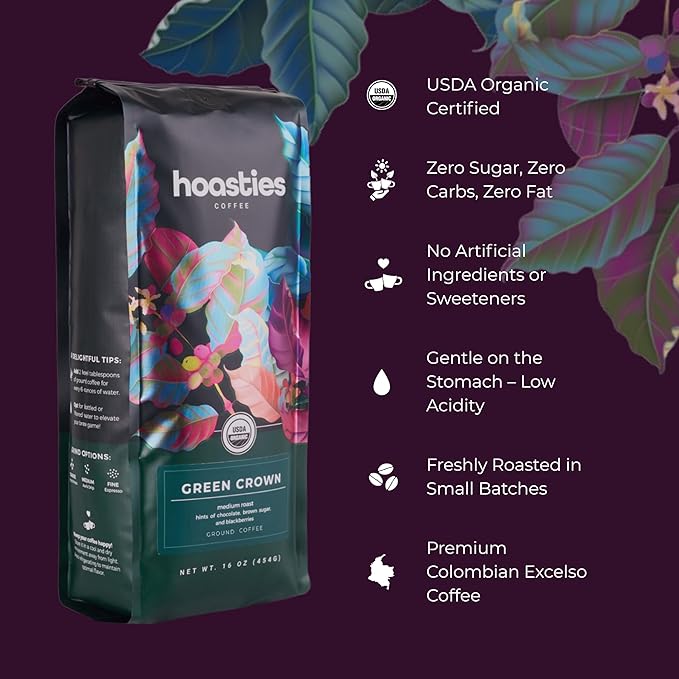 Hoasties Coffee Green Crown - USDA Organic Medium Roast Ground Coffee 100% Colombian Arabica Specialty Coffee Pesticide &amp Chemical-Free 16 oz