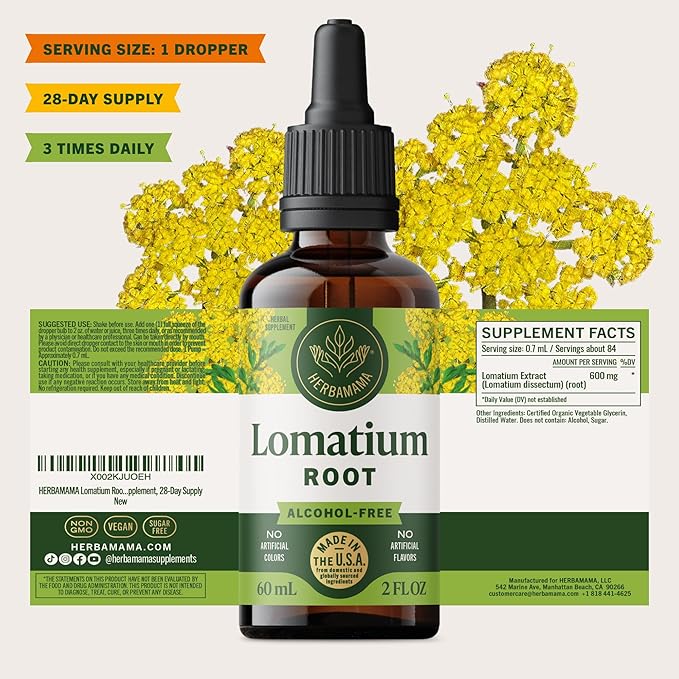 HERBAMAMA Lomatium Root Tincture - Vegan Lomatium Dissectum Extract for Lung Detox &amp Cleanse - Non-GMO Alcohol &amp Sugar-Free Respiratory Lung Support Supplement 28-Day Supply