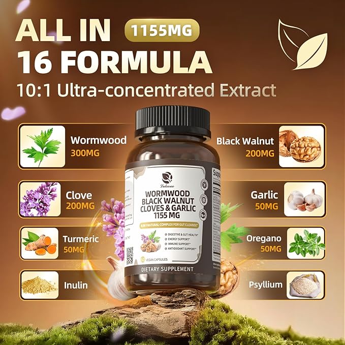 Lukaree 16-in-1 Wormwood Black Walnut Clove Cleanse for Humans Capsules – Natural Gut Detox &amp Digestive Health with Pumpkin Seeds Garlic Oregano Turmeric Liposomal Tech 98% Absorption Vegan 1155