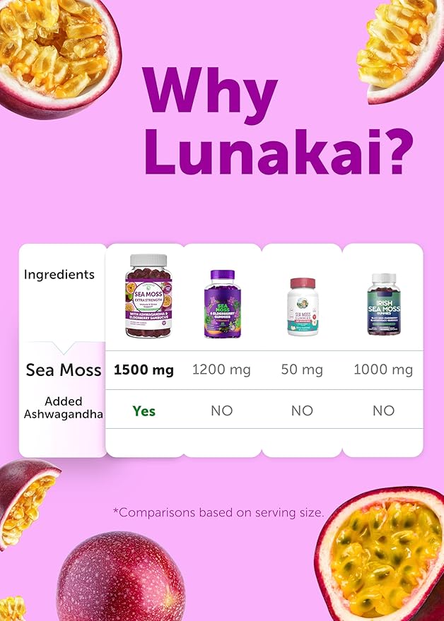 Lunakai USA Made Irish Sea Moss Gummies with Ashwagandha &amp Elderberry – Delicious Daily Immune &amp Stress Support Supplement for Men &amp Women 60ct