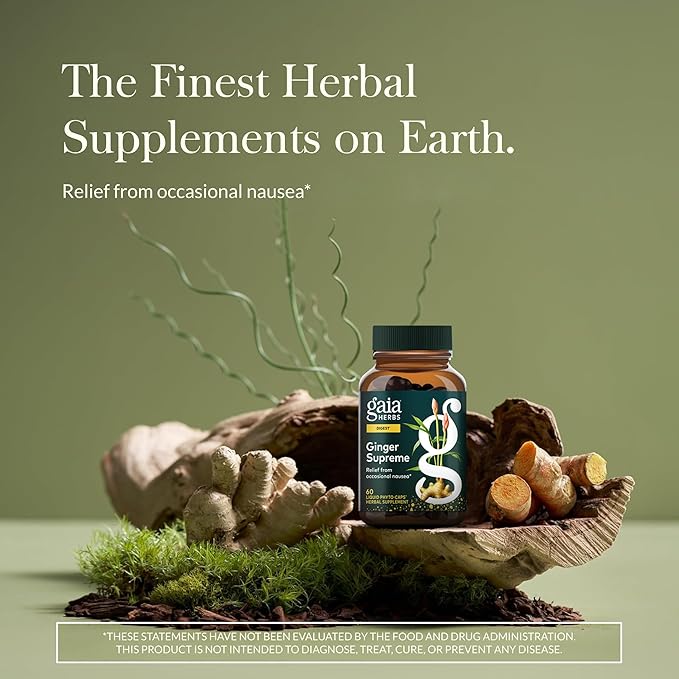 Gaia Herbs Ginger Supreme - Supports Healthy Digestion &amp Relieves Occasional Nausea* - with Organic Ginger Root &amp Turmeric Root - 60 Vegan Liquid Phyto-Caps (60 Servings)
