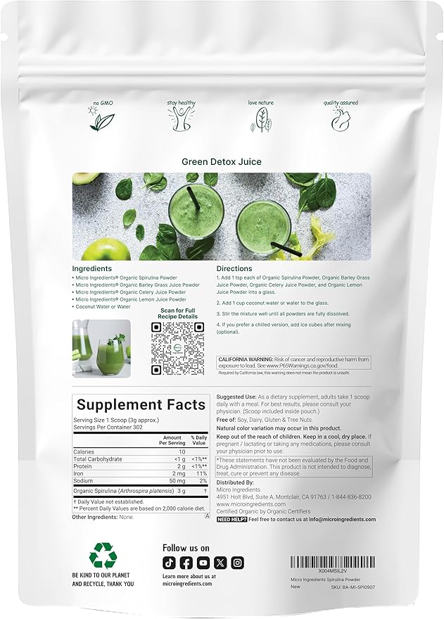 Micro Ingredients Organic Spirulina Powder 2lb | Blue-Green Algae Rich in Vegan Protein Vitamins &amp Minerals | Source of Natural Chlorophyll &amp Enzymes | Non-GMO Gluten-Free No Additives