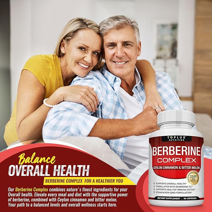 Toplux Berberine with Ceylon Cinnamon and Bitter Melon 2100mg - High Purity 97% HCL Berberine Supplement Supports Overall Health &amp Immune System Non-GMO Vegan 90 Capsules