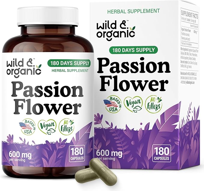 Wild &amp Organic Passion Flower Capsules 600 mg - Calming &amp Mood Support - Passionflower Extract Supplement - Passiflora Incarnata Herb - Vegan No Fillers Non-GMO - 180 Count