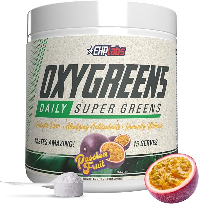 EHP Labs OxyGreens Super Greens Powder with Spirulina &amp Chlorella Prebiotic Fiber Probiotics &amp Digestive Enzymes – Antioxidant Green Superfood Supplement - 15 Servings (Passionfruit)
