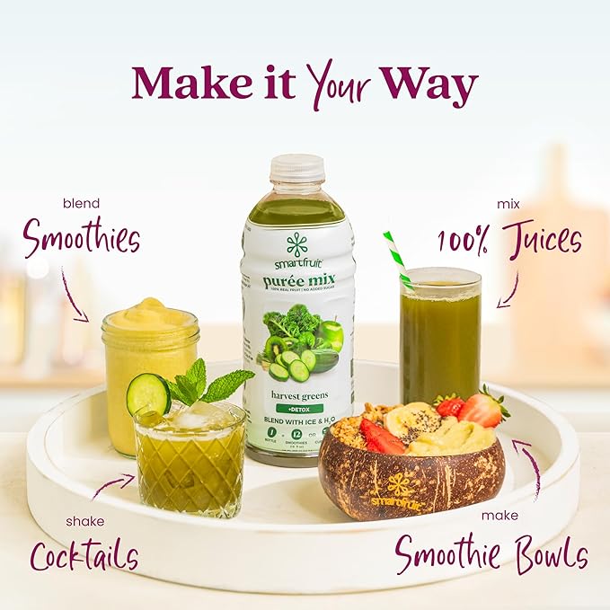 Smartfruit Harvest Greens + Detox – 100% Real Fruit Purée with Kiwi Cucumber Kale Spinach Lemongrass Apple &amp Banana – Great for Smoothies Juice Yogurt Cocktails Teas &amp More – 2-Pk 48