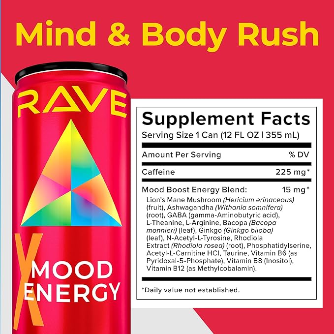 RAVE Mood Energy Drink is Mind Blowingly Different. With Mood-Boosting Functional Mushrooms Nootropics Adaptogens &amp B Vitamins. Experience Mind &amp Body Rush! 225mg Caffeine - Electrolytes - Z