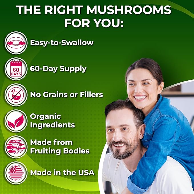 Organic Mushroom Complex: Lion's Mane Turkey Tail Cordyceps Chaga Contains Naturally Occurring Beta Glucans - Organic Energy &amp Immune Support Blend: Rhodiola Rosea Ginseng &amp Acerola Cherr