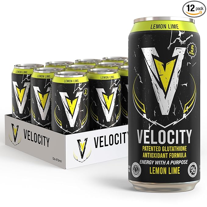 Velocity Lemon Lime Sparkling Energy Drink with Patented Glutathione Antioxidant Formula Zero Sugar Keto 12 Pack (16 oz Cans)