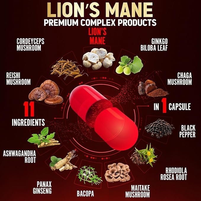 Zolotus 2 Packs 90 Capsules Lions Mane Mushroom Supplement 6 Month Supply with Cordeyceps Reishi Ashwagandha Focus Memory and Brain Support Supplement Immune Support Energy Pills