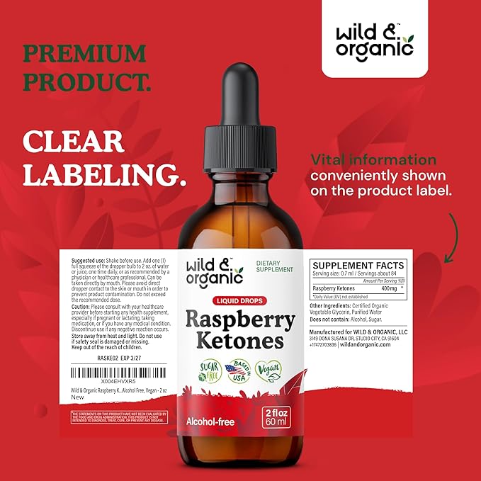 Wild &amp Organic Raspberry Ketones Extract Tincture - Liquid Raspberry Ketones Supplement - 2-Month Supply - Vegan Sugar &amp Alcohol-Free - 2 fl oz