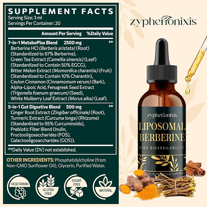 Liposomal Berberine HCL Supplement Liquid 3000mg - High Absorption Berberine Drops with Ceylon Cinnamon - 12-in-1 Formula AMPK Activator Sugar Free - 4 fl oz