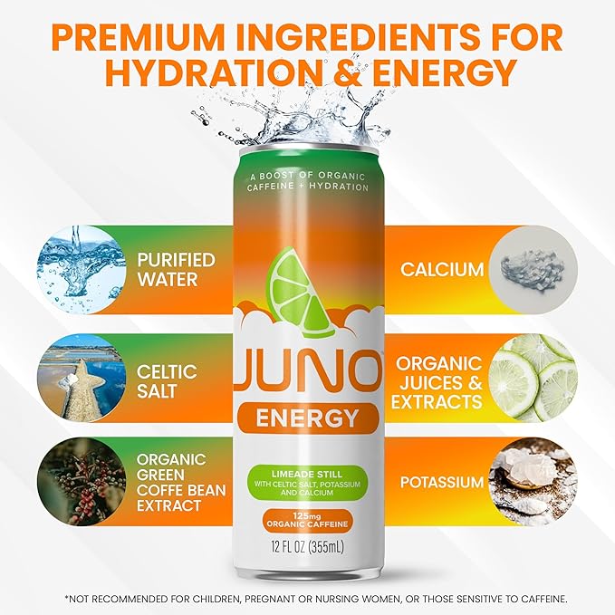 JUNO ENERGY Limeade Still Energy Drink - Sugar Free 125mg Organic Caffeine from Green Coffee Beans Hydrating with Stevia Organic Lime Juice - Vegan Gluten Free 12 Pack