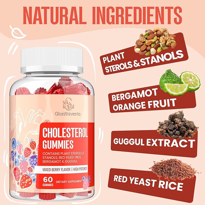 Cholesterol Supplement with Plant Sterols &amp Stanols Guggul Bergamot Orange Extract Red Yeast Rice Cholesterol Complex Gummies Mixed Berry Flavor 120 Counts