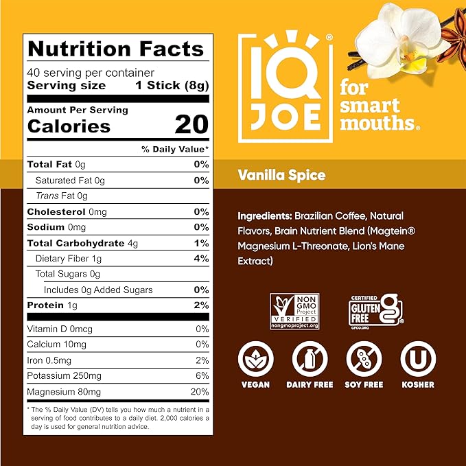 IQJOE Mushroom Coffee Packets (40 Servings) Lion’s Mane Magtein Magnesium Antioxidants Adaptogens - Vanilla Spice - Instant Coffee for Focus Clarity Mood Energy Boost - Sugar Free Keto Vegan