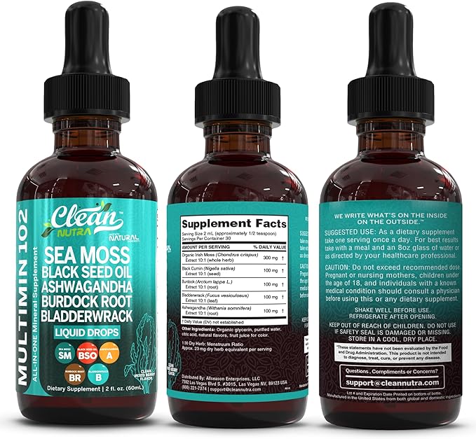 Clean Nutraceuticals Sea Moss Drops Supplement Liquid with Black Seed Oil Ashwagandha Burdock Root &amp Bladderwrack - Multimineral Organic Non-GMO Vegan for Gut Heath Skin Immune Support Hair (2 Pac