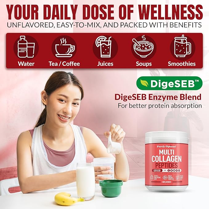 Purely Optimal Collagen Peptides Powder - 5 Types Hydrolyzed Collagen Peptides with Biotin B12 &amp Hyaluronic Acid for Hair Skin Nails Bones &amp Joints - Unflavored Easy Mixing 16oz 42 Ser