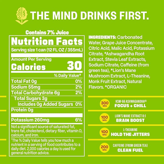 GYM WEED Athletic Focus Drink with KSM-66 Ashwagandha Lion's Mane Mushroom L-Theanine 200mg Green Tea Caffeine with Natural Sweeteners Pear Pineapple Flavor 12 Pack
