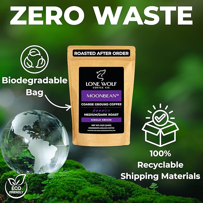 Moonbean - Freshly Roasted After Your Order – Specialty Grade Low Acid Organic Single Origin Medium to Dark Roast Coarse Ground Coffee No Bitterness Ethically Sourced 12OZ Compostable Bag