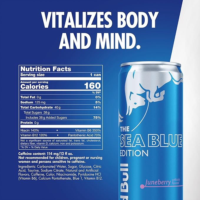 Red Bull Sea Blue Edition Energy Drink Juneberry with 114mg Caffeine plus Taurine &amp B Vitamins 12 Fl Oz Pack of 24 Cans (6 Packs of 4)