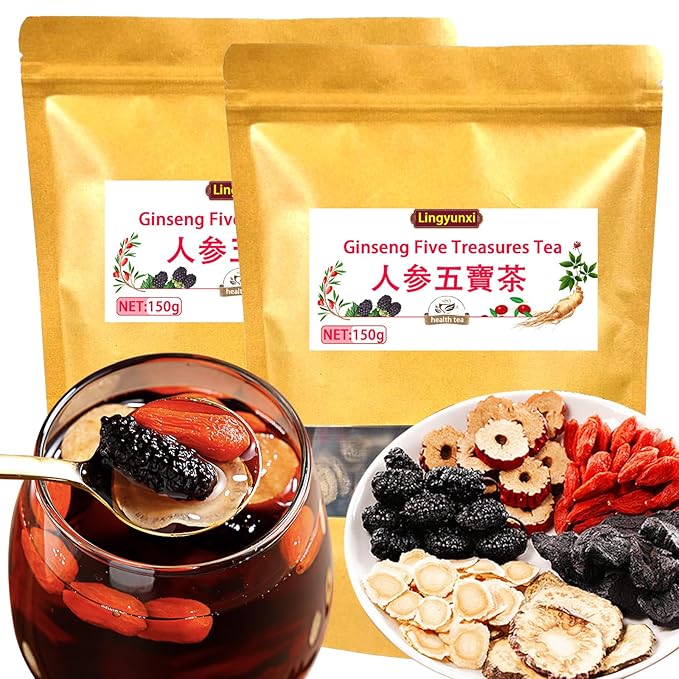 Lingyunxi Ginseng Five Treasures Tea 300g (38pcss/2Pack) Kidney Tea Six Treasures Formula 7 Precious Ingredients for Women &amp Men Kidney Cleanse Ginseng and Mulberry Herbal Chinese Tea Bags