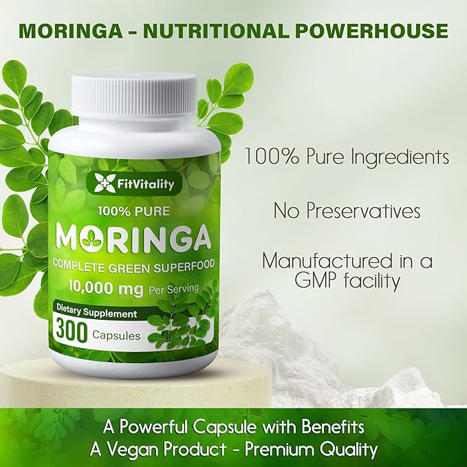 Moringa Capsules| 300 Capsules| Moringa Oleifera| 10000mg| 100% Pure &amp Natural| Non-GMO and Gluten Free Supplement | Complete Green Superfood | Moringa Leaf Extract Powder