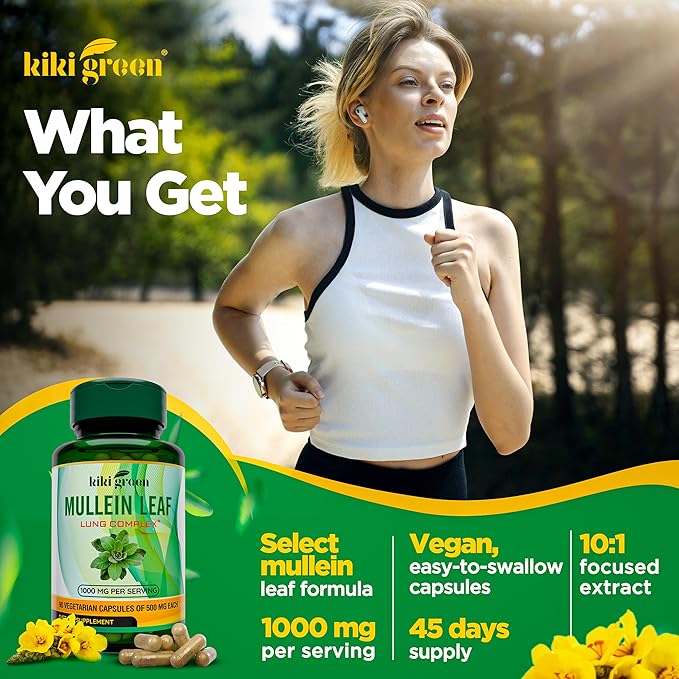 KIKI Green Mullein Leaf Extract Capsules - Vegan Herbal Supplement - for Lung Cleanse Support Better Respiratory Immune Function - 1000mg 45 Servings - 90 Count