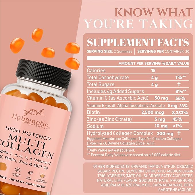 High Potency Multi Collagen Gummies with Types I II III V X Plus Vitamin C E Biotin and Zinc for Skin Elasticity Joint Support Hair Nail Health and Daily Wellness Collagen Supplement