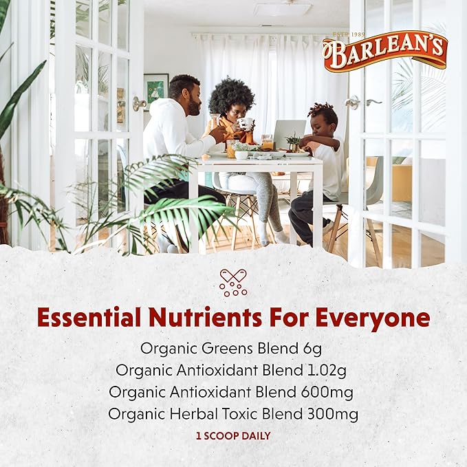 Barlean's Organic Greens Powder Daily Fruit and Vegetable Superfood Supplement with Green Food Protein Probiotic Blend and Fiber Drink Mix 8.47 oz