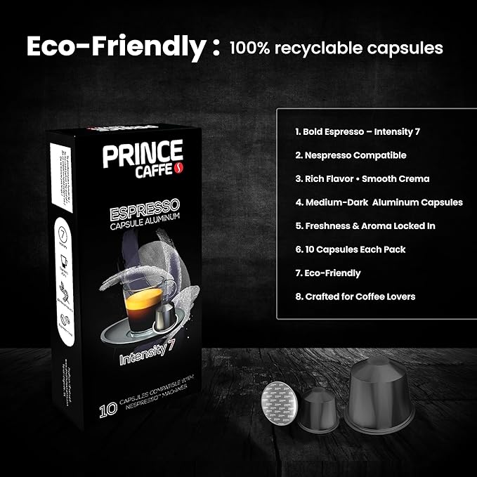 Prince Caffe Espresso Pods – Intensity 7 Medium-Dark Roast The Espresso Coffee Pods Are Compatible with Nespresso Original Line Machines 30 Count (3 x 10 Capsules) Premium Quality Coffee Capsules.
