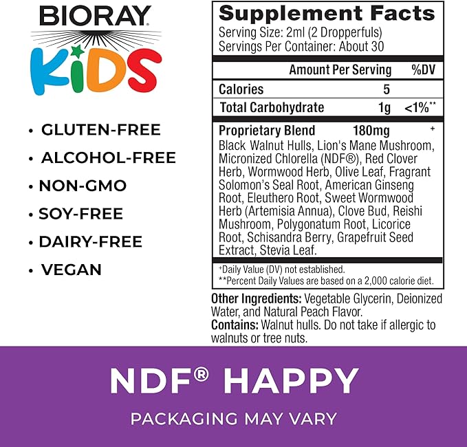 BIORAY Kids NDF Happy Peach - 2 fl oz - Removes Unwanted Organisms That Can Trigger Irritability - 1-2 Month Supply