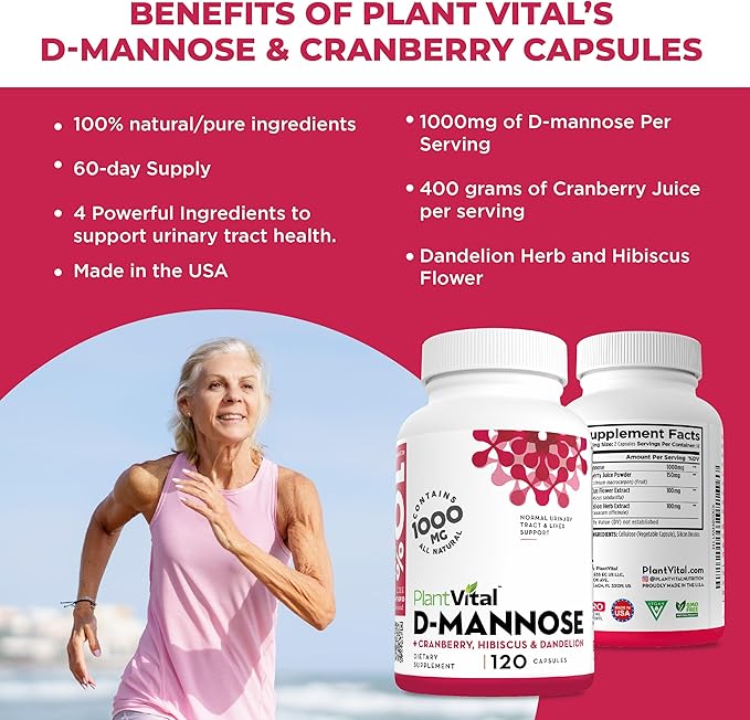 Plantvital D Mannose Capsules with Cranberry - D-mannose 1000mg Capsules - High Potency for Bladder Kidney and Urinary Tract Support. Cranberry Powder with Hibiscus and Dandelion. 2 Months Supply