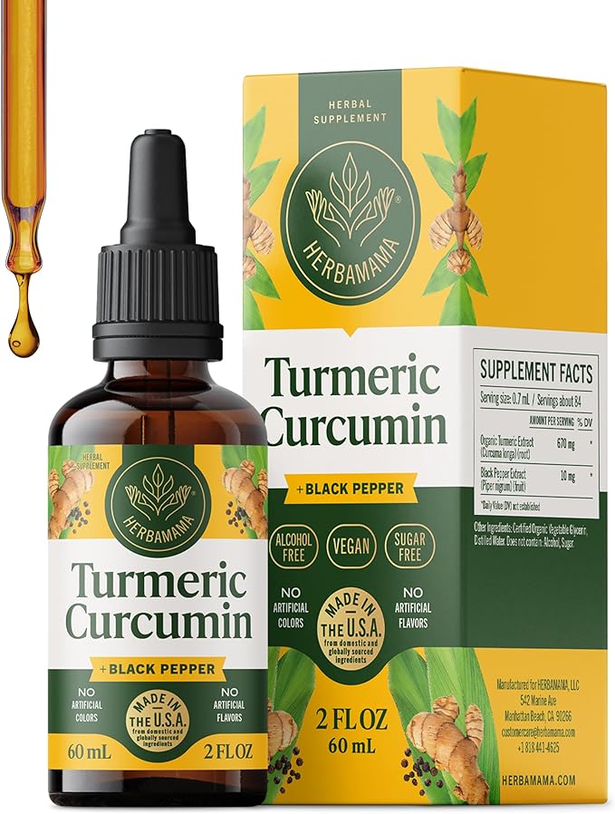 HERBAMAMA Liquid Turmeric Drops - Vegan Uric Acid &amp Digestive Support with Pure Turmeric Curcumin with Black Peppe Extract - Non-GMO Alcohol &amp Sugar-Free Antioxidant Supplement - 28-Day Suppl