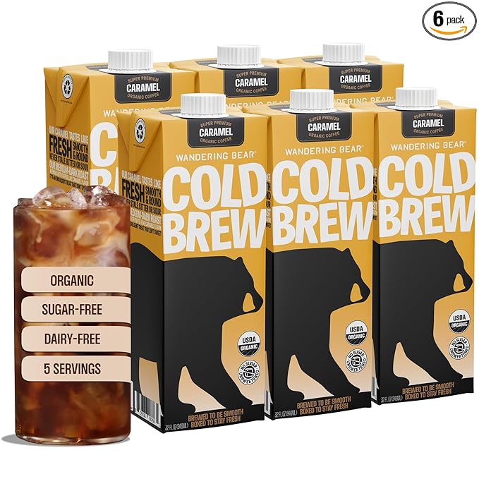 Wandering Bear Organic Caramel Cold Brew Coffee - Strong Bold Smooth Unsweetened Shelf-Stable Ready to Drink Gluten Free &amp Vegan Iced Cold Brewed Coffee Drink - 32 fl oz 6 pack