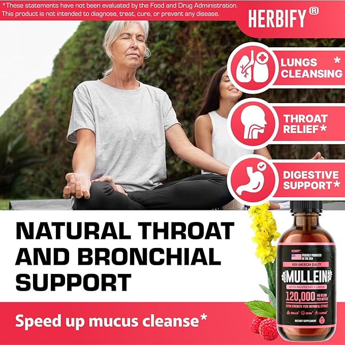 HERBIFY Mullein Drops - Lung Cleanse - Leaf Extract - Powerful Mullein for Immune Support Detox &amp Respiratory Support - Made in USA - 4 Oz Raspberry Flavor