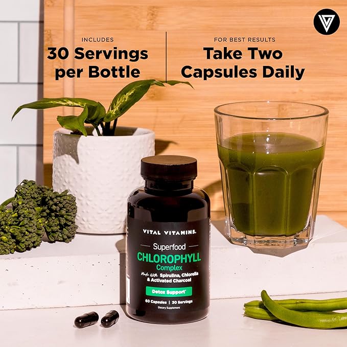 Vital Vitamins Chlorophyll Pills - Body Deodorizing Supplement - Made with Spirulina Chlorella Organic Parsley Mint &amp Activated Charcoal - Defeat Odor Naturally - for Women &amp Men - 60 Caps