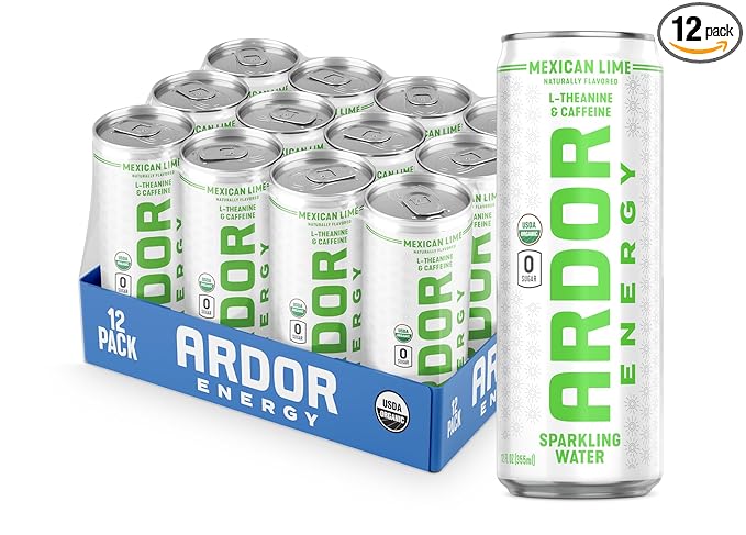 ARDOR ENERGY Sparkling Water with 100mg Natural Caffeine &amp 200mg L-Theanine from Organic Green Tea for Smooth Energy &amp Focus | Healthy Energy Drink | No Sugar Zero Calories Vegan Gluten-Fre
