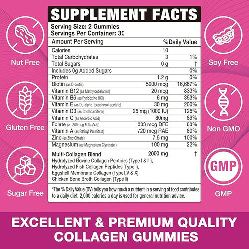 2-Pack Collagen Gummies for Women &amp Men - with Biotin Vitamin C &amp Zinc for Skin Radiance Hair Growth Strong Nails &amp Joint Support 120 Count