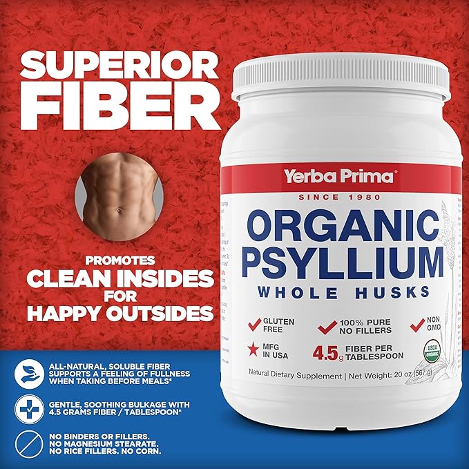 Yerba Prima Organic Psyllium Whole Husks Colon Cleanser - 20 oz - Natural Daily Dietary Fiber Supplement 20oz Colon Cleanser Regularity &amp Detox Cleansing Support Gluten Free Non GMO Vegan
