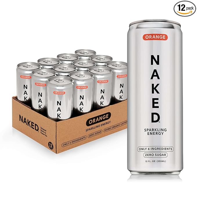 Naked Sparkling Energy Drink - Orange Organic Caffeine Organic Lemon Juice Zero Sugar No Sucralose Naturally Sweetened Clean Energy Drinks Vegan Gluten-Free Non-GMO - 12oz Cans (Pack of 12)