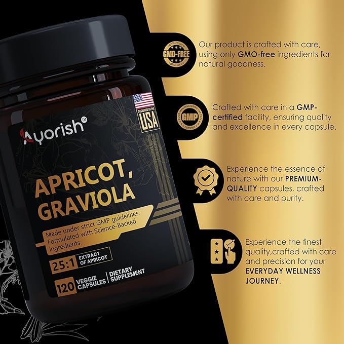 Apricot 500 mg with Soursop Graviola Extract Capsule - 120 Veggie Capsules 60 Servings Non-GMO Vegan