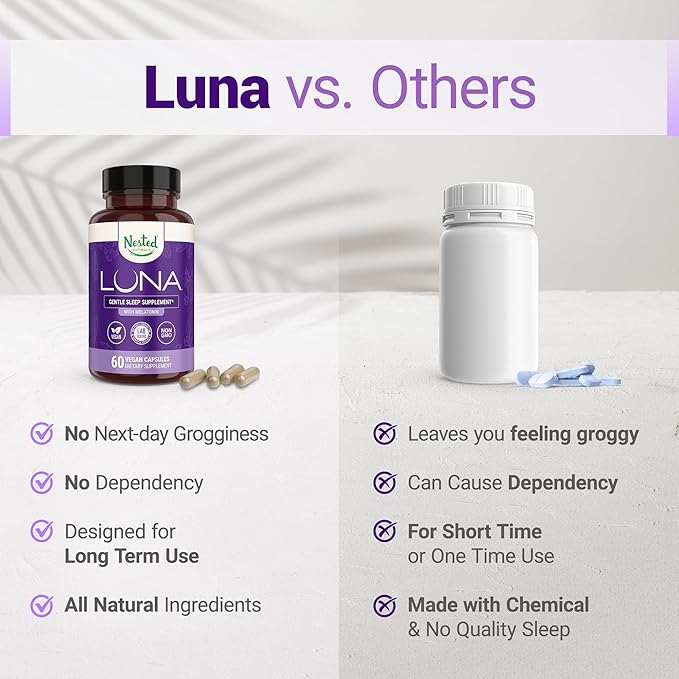 Nested Naturals Luna Sleep Aid - Non-Habit Forming Natural Sleeping Pills for Adults with Naturally Sourced Ingredients - Valerian Root Melatonin Chamomile Lemon Balm and More - 60 Vegan Capsules