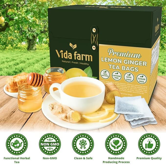 VIDA FARM 100 Lemon Ginger Tea Bags 100% Natural Ingredients - Warming &amp Spicy Blend Caffeine Free Sugar Free Non-GMO Lemon &amp Ginger Herbal Tea Beverage