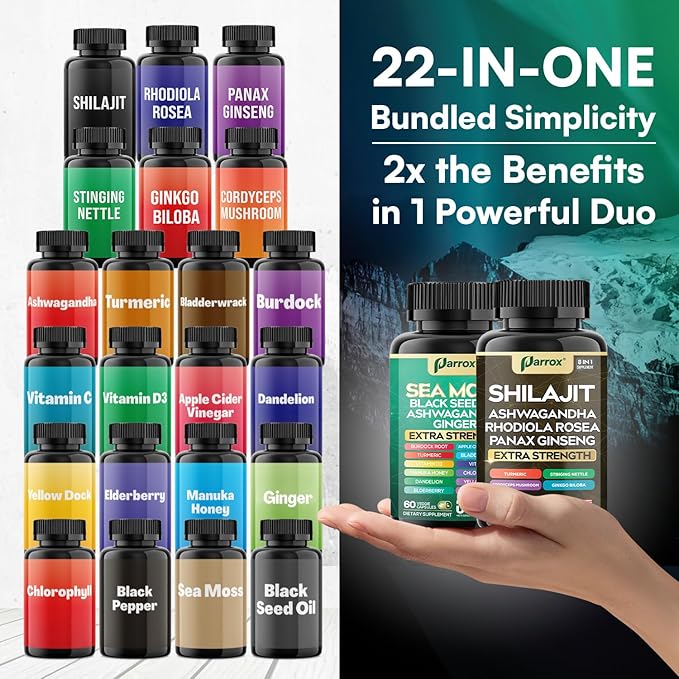 Shilajit and Sea Moss Bundle Sea Moss 350mg Black Seed Oil 200mg Ashwagandha 100mg Turmeric Shilajit 300mg Rhodiola Rosea 100mg Panax Ginseng 50mg Dynamic Vitality Bundle (2 Pack)